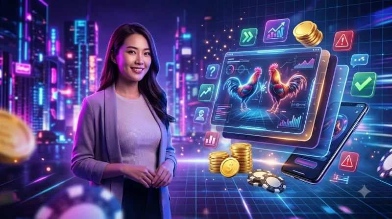 Người chơi lo lắng nhìn điện thoại, xung quanh là các biểu tượng cảnh báo như dấu chấm than và con heo đất vỡ, minh họa những sai lầm cần tránh khi cá cược đá gà